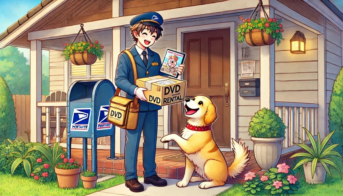 自宅に宅配レンタルが届きました。飼い犬が代わりに受け取ってくれるようで、うれしそうです。
