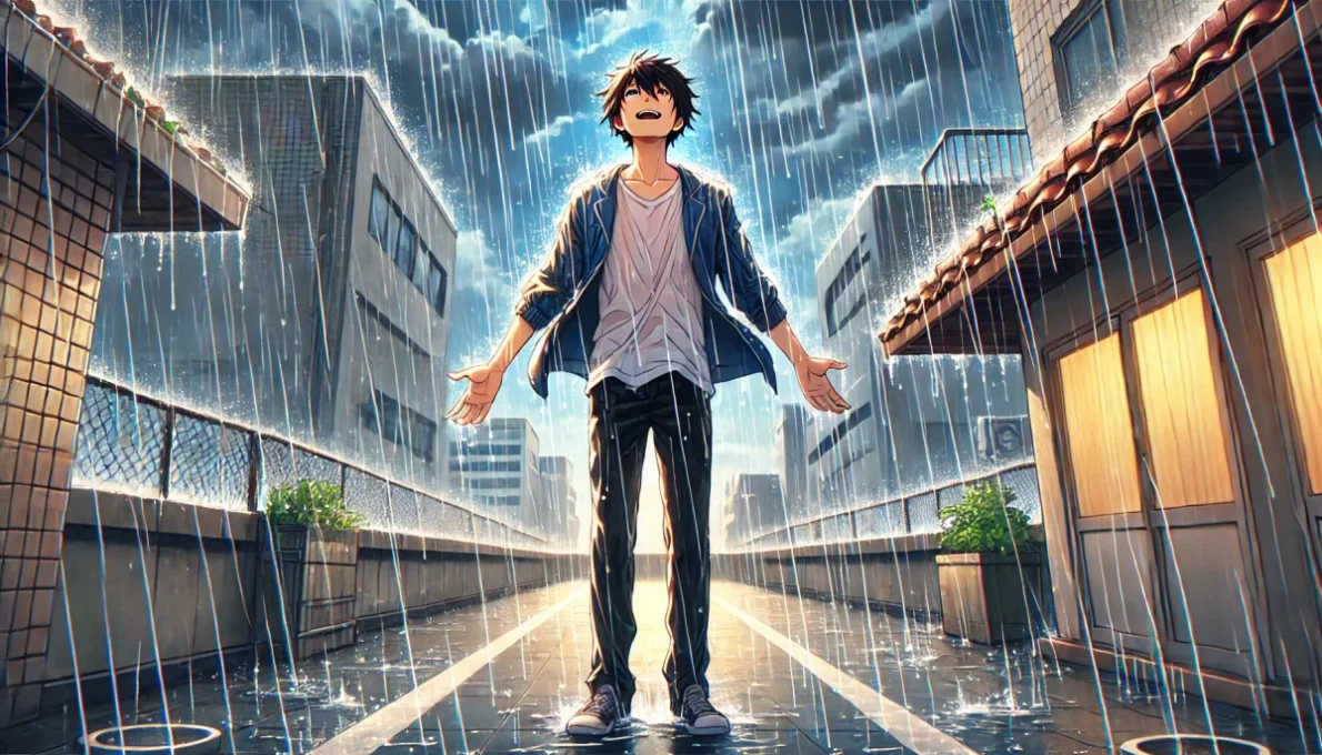 雨にぬれても希望が見える映画「ショーシャンクの空に」のシーンをマネしている男性です。