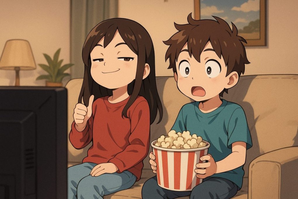 いいチャンネルを見つけて映画を観ると、ドヤ顔で自慢している女の子。それを見てびっくりしている男の子です。