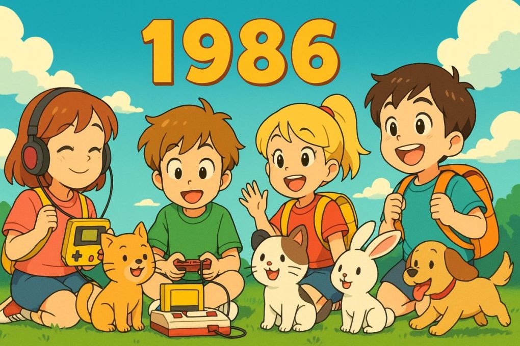 1986年を象徴するイメージ画像を、わかりやすくアニメ風にしています。