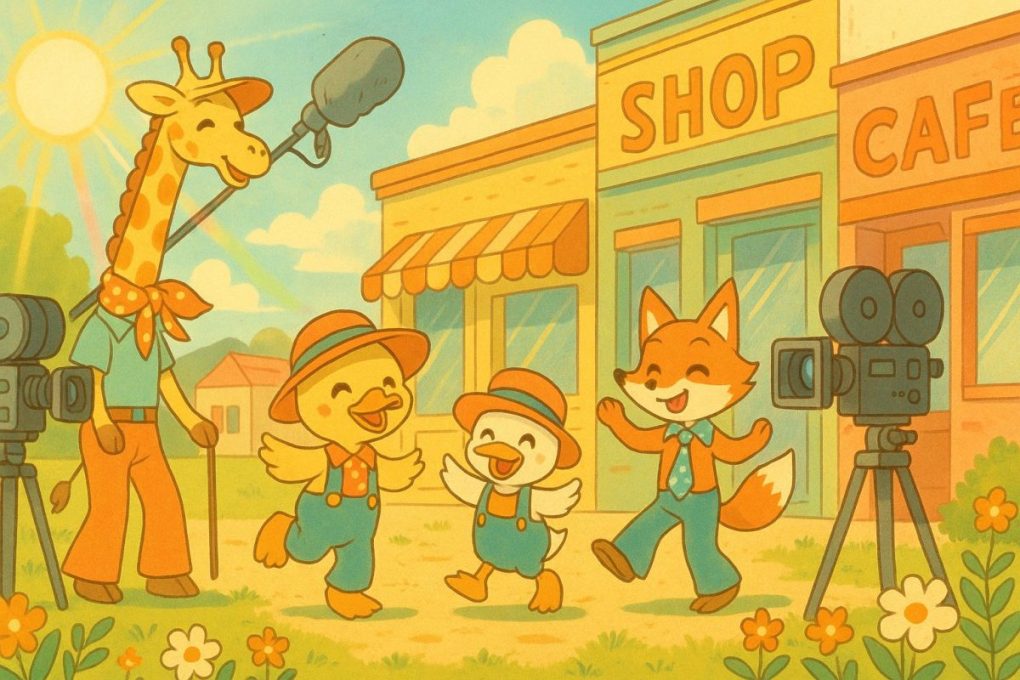 70年代をイメージした、動物たちが楽しそうに映画撮影をしている姿で、70年代っぽくしました。