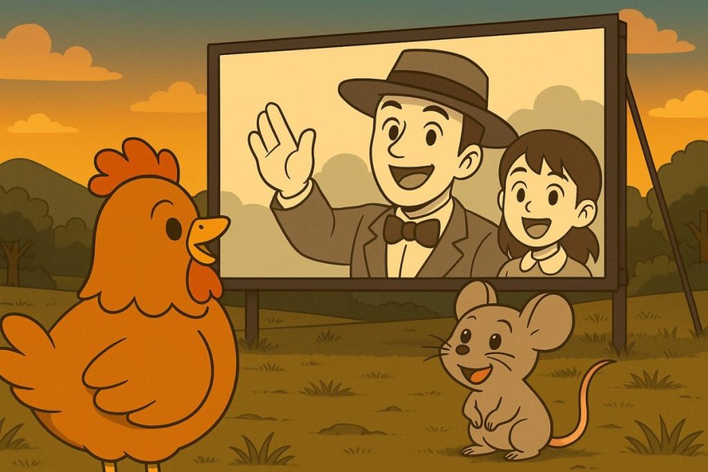 昔の映画を楽しそうに鑑賞しているネズミさんとニワトリさんです。