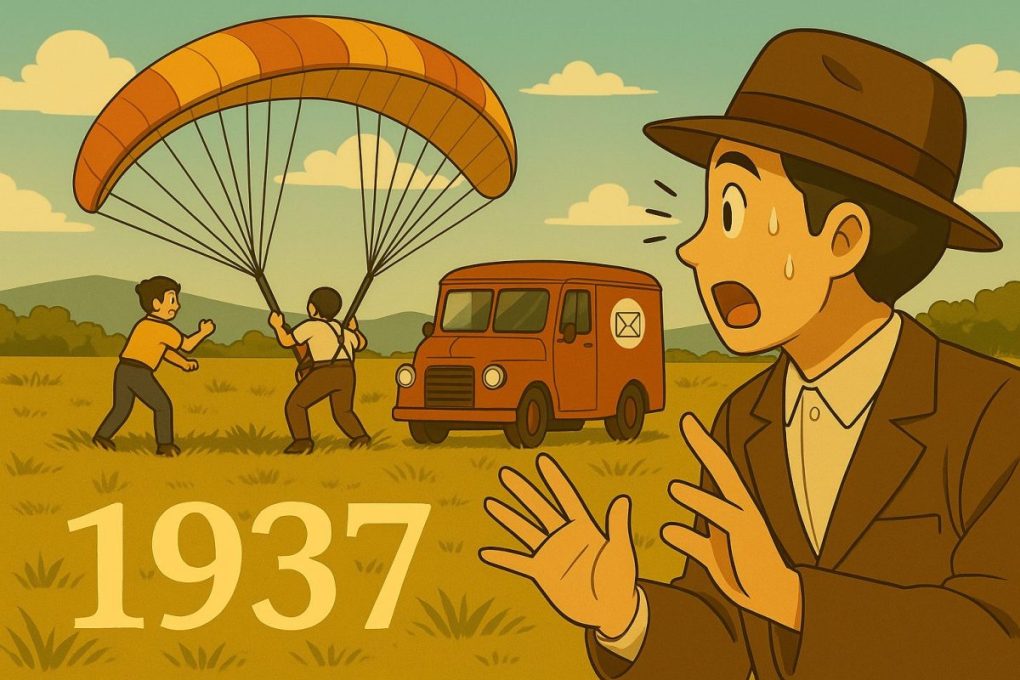 1937年を象徴するようなイメージ画像で、パラグライダーと郵便配達の車に驚いている男性がいます。