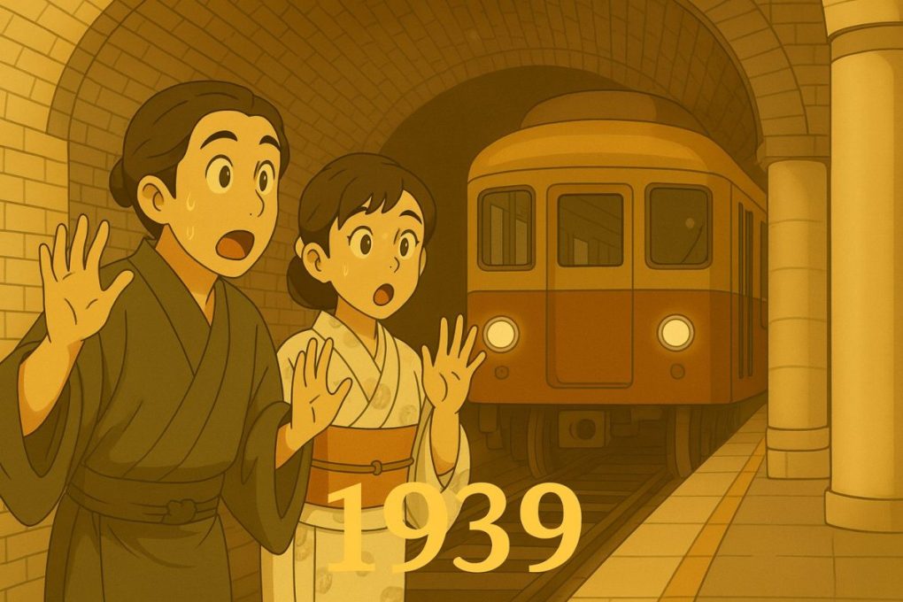 １９３９年を象徴する、初めて地下鉄ができて驚いている庶民の様子をアニメ風にしました。