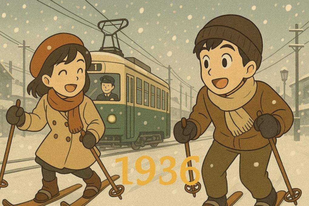 1936年のイメージ画像です。東京は２月に大雪が降って、なぜかスキーをしている若者です。