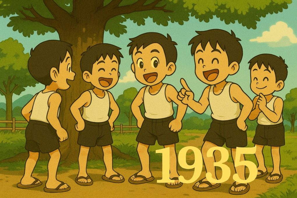 １９３５年のイメージ画像。こどもたちがみんな下駄箱を履いて、楽しそうにおしゃべりしています。