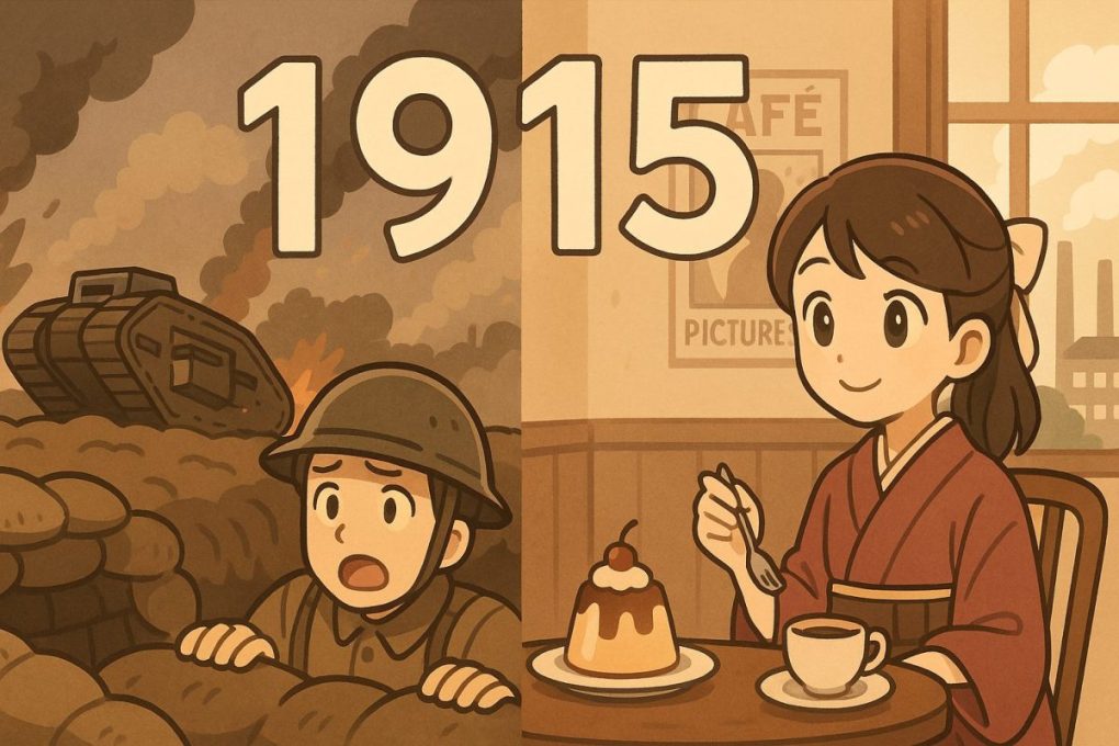 1915年のイメージ画像で、世界大戦と、ハイカラになった日本の様子を象徴的に表しています。