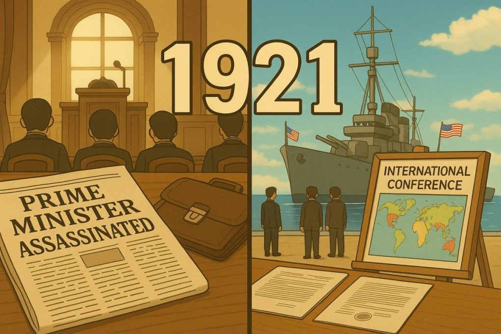 １９２１年のイメージ画像で、国際協調と政党政治の揺れを表しています。