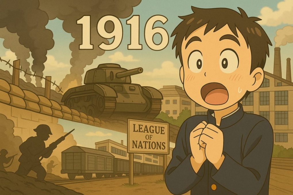 1916年のイメージ画像で、第一次世界大戦の様子を見てびっくりしている少年の姿です。