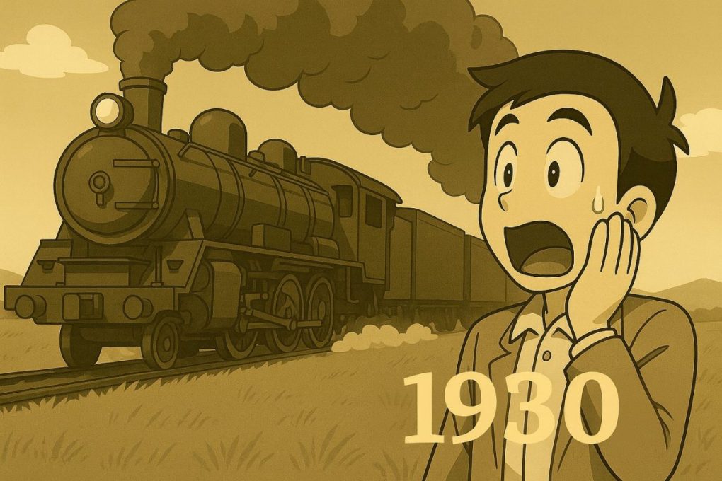 1930年を象徴するイメージ画像で、初めて蒸気機関車を見た男性は迫力にびっくりしています。