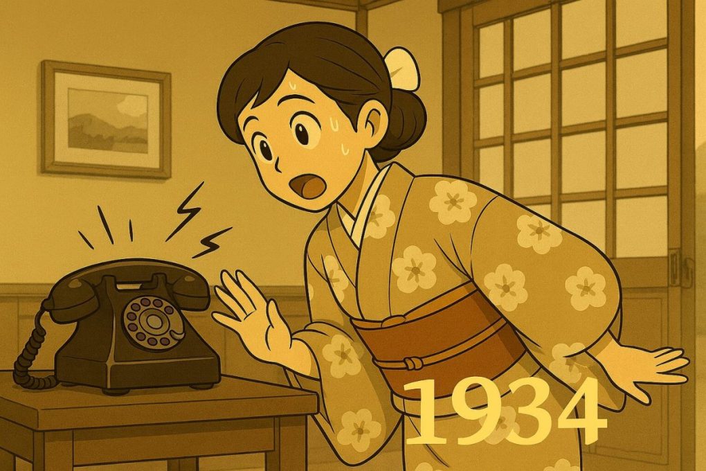 1934年のイメージで、おうちに黒電話が導入されて、呼び鈴が鳴ってとろうとしている女性です。