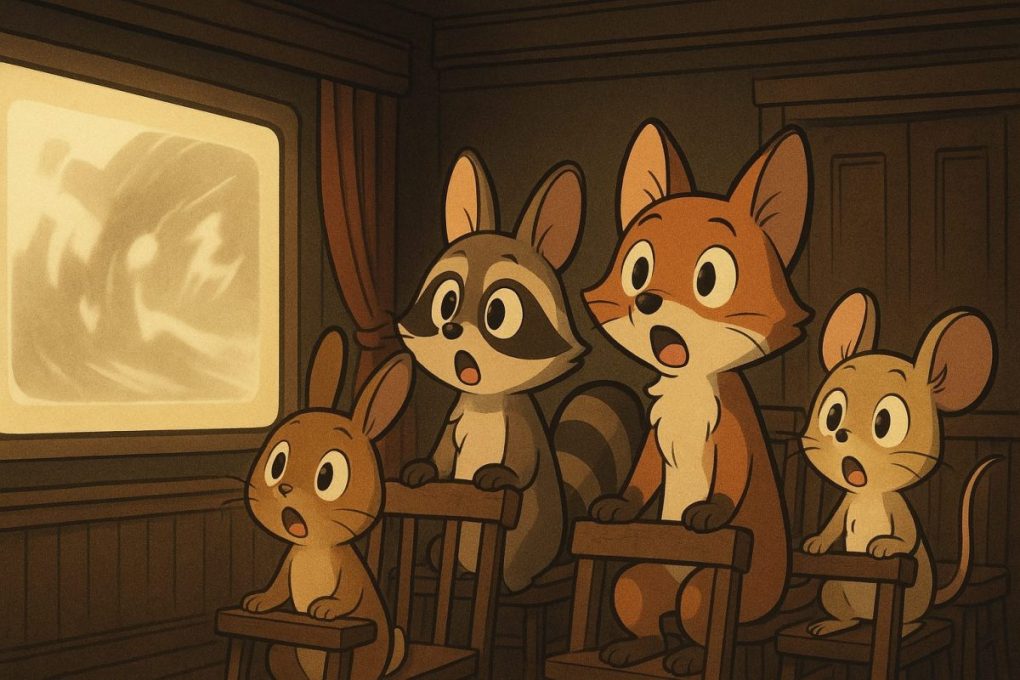 初めて映画という動く映像を見てびっくりしている動物たちです。