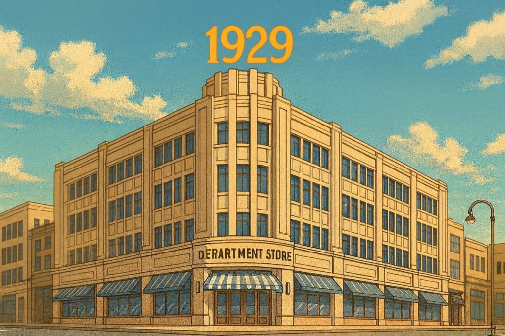 1929ねんを象徴するイメージ画像で、新しい巨大デパートが作られた画像をアニメ風にしました。
