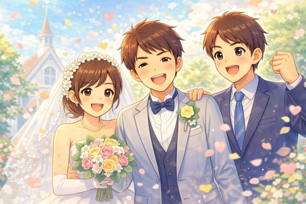 友達の結婚式に、一緒に喜んでいる男性の画像です。